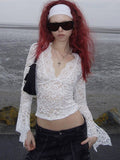 Blouse For Women White V-Neck Pleated Sexy Lace Long Sleeves Tops