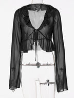 Shirt For Women Green Polyester V-Neck Pleated Casual Lace Up Long Sleeves Tops