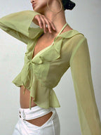 Shirt For Women Green Polyester V-Neck Pleated Casual Lace Up Long Sleeves Tops