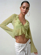Shirt For Women Green Polyester V-Neck Pleated Casual Lace Up Long Sleeves Tops