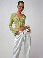 Shirt For Women Green Polyester V-Neck Pleated Casual Lace Up Long Sleeves Tops