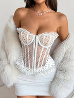 Corset Tops Burgundy Chic Sleeveless Strapless Slim Fit Lace Tops
