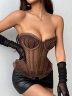 Corset Tops Burgundy Chic Sleeveless Strapless Slim Fit Lace Tops