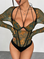 Corset Tops Dark Green Sexy Flared Sleeves Long Sleeves Slim Fit Tops
