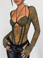 Corset Tops Dark Green Sexy Flared Sleeves Long Sleeves Slim Fit Tops