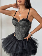 Corset Tops Light Sky Blue Sexy Sleeveless Straps Neck Slim Fit Lace Zipper Tops