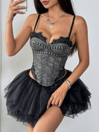 Corset Tops Light Sky Blue Sexy Sleeveless Straps Neck Slim Fit Lace Zipper Tops