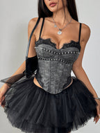 Corset Tops Light Sky Blue Sexy Sleeveless Straps Neck Slim Fit Lace Zipper Tops