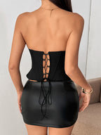 Corset Tops Brown Sexy Sleeveless Strapless Slim Fit Lace-up Tops