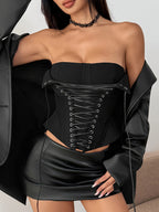 Corset Tops Brown Sexy Sleeveless Strapless Slim Fit Lace-up Tops