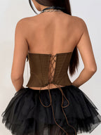 Corset Tops Brown Sexy Sleeveless Strapless Slim Fit Lace-up Tops