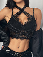 Corset Tops Burgundy Sexy Sleeveless Straps Neck Slim Fit Lace Criss-Cross Tops