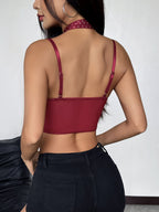 Corset Tops Burgundy Sexy Sleeveless Straps Neck Slim Fit Lace Criss-Cross Tops