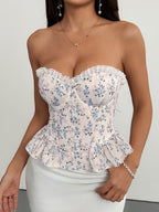 Corset Tops Pink Chic Sleeveless Strapless Slim Fit Lace Lace-up Tops