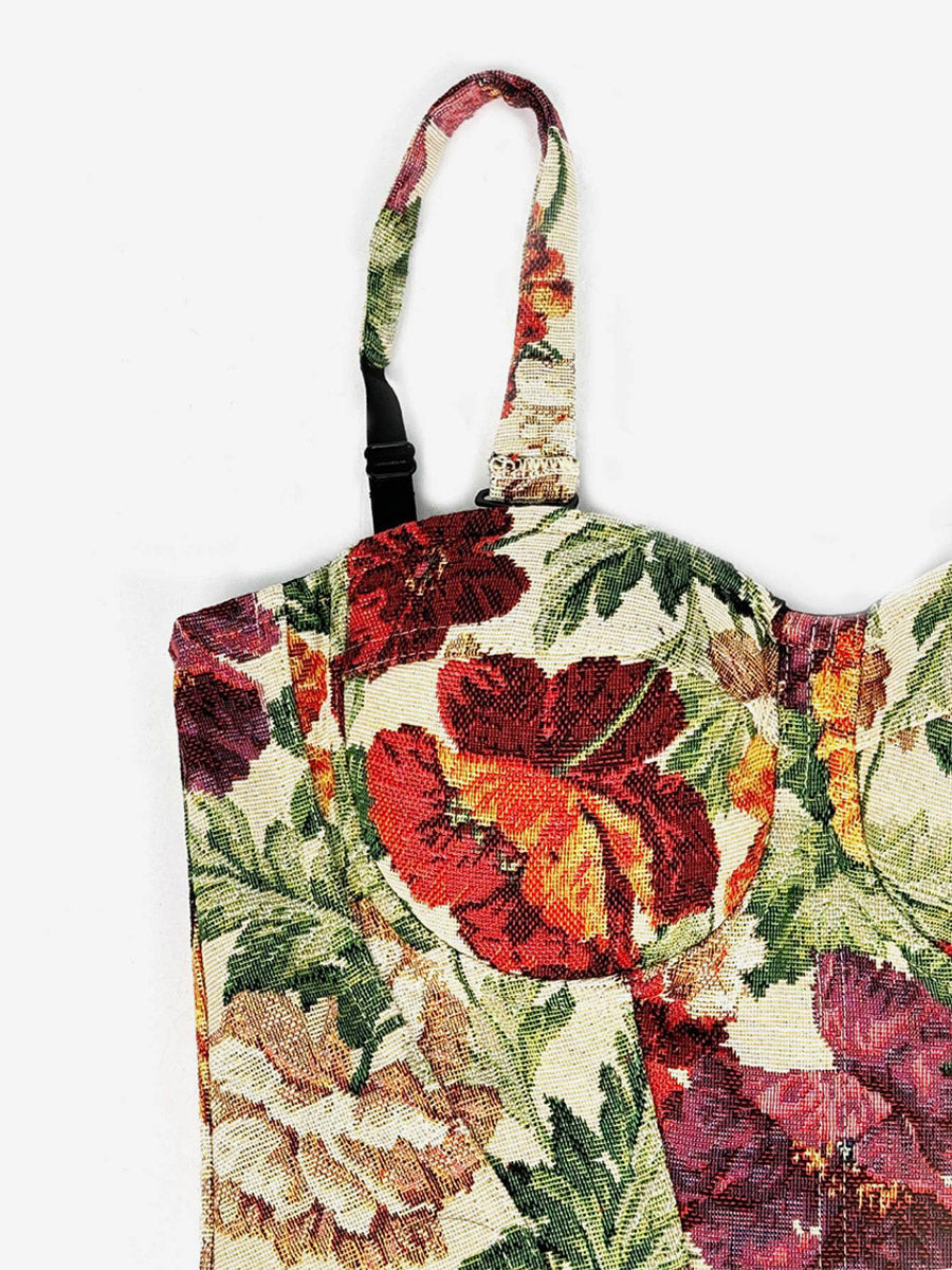 Corset Tops Blue Retro Sleeveless Strapless Printed Slim Fit Tops