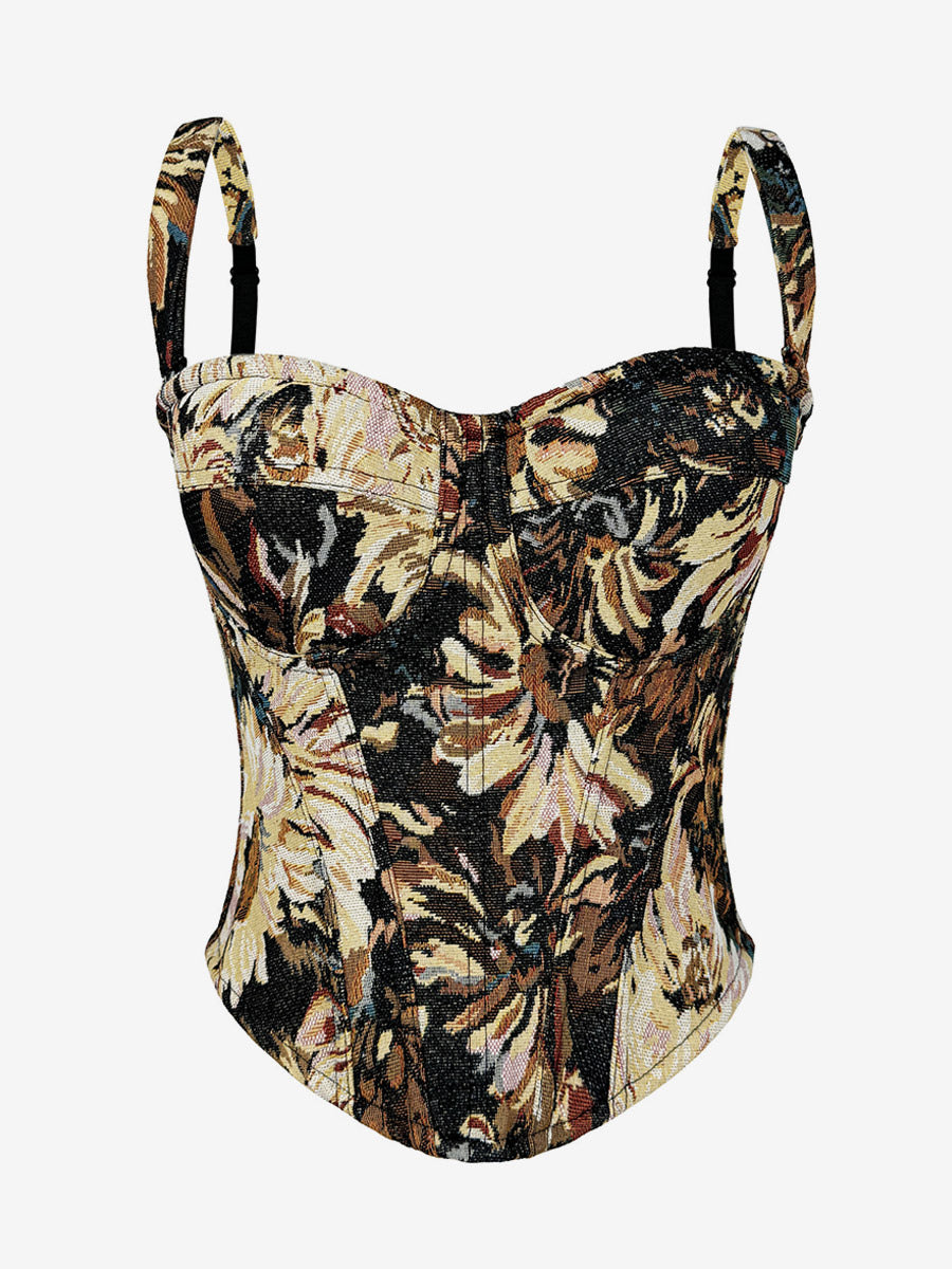 Corset Tops Blue Retro Sleeveless Strapless Printed Slim Fit Tops