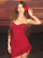 Night Out Dresses Red Sleeveless Straps Neck Asymmetrical Summer Dress