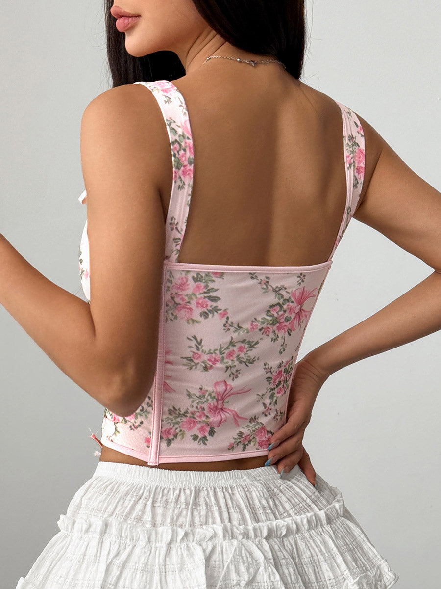 Corset Tops White Chic Sleeveless Straps Neck Slim Fit Bows Tops