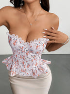 Corset Tops Pink Chic Sleeveless Strapless Slim Fit Lace Lace-up Tops