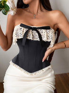 Corset Top Burgundy Sexy Sleeveless Strapless Slim Fit Lace Bows Lace-ups Tops