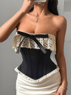 Corset Top Burgundy Sexy Sleeveless Strapless Slim Fit Lace Bows Lace-ups Tops