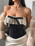 Corset Top Burgundy Sexy Sleeveless Strapless Slim Fit Lace Bows Lace-ups Tops
