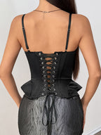 Corset Tops Black Sexy Sleeveless Straps Neck Slim Fit Lace-up Tops