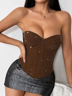 Corset Tops Red Chic Sleeveless Strapless Slim Fit Sequins Tops