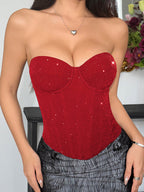 Corset Tops Red Chic Sleeveless Strapless Slim Fit Sequins Tops