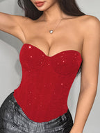 Corset Tops Red Chic Sleeveless Strapless Slim Fit Sequins Tops