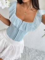 Corset Tops Tops Light Sky Blue Chic Sleeveless Off-The-Shoulder Open Shoulder Slim Fit Ruffles Lace-up