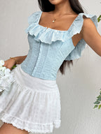 Corset Tops Tops Light Sky Blue Chic Sleeveless Off-The-Shoulder Open Shoulder Slim Fit Ruffles Lace-up