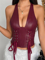 Corset Tops Tops Burgundy Sexy Sleeveless Slim Fit Drawstring PU Zipper