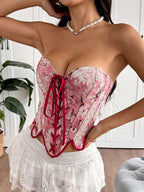 Corset Tops Floral Print Pink Sleeveless Strapless With Front Lace-Up