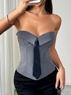 Corset Tops White Sexy Sleeveless Gray Strapless Blazer-Style With Striped Tie