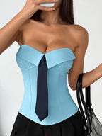 Corset Tops White Sexy Sleeveless Gray Strapless Blazer-Style With Striped Tie