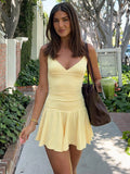 Date Night Dresses Mini Lace Up Sleeveless Backless Straps Neck Sexy Yellow Dress