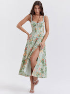 Date Night Dresses Midi Backless Flowers Drawstring Sleeveless Floral Print V-Neck Casual Green Dress