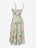 Date Night Dresses Midi Backless Flowers Drawstring Sleeveless Floral Print V-Neck Casual Green Dress