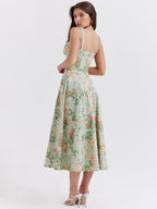 Date Night Dresses Midi Backless Flowers Drawstring Sleeveless Floral Print V-Neck Casual Green Dress