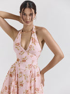 Vacation Dresses Maxi Backless Flowers Lace Up Sleeveless Floral Print Halter Sweet Pink Dress