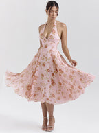 Vacation Dresses Maxi Backless Flowers Lace Up Sleeveless Floral Print Halter Sweet Pink Dress