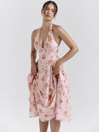 Vacation Dresses Maxi Backless Flowers Lace Up Sleeveless Floral Print Halter Sweet Pink Dress