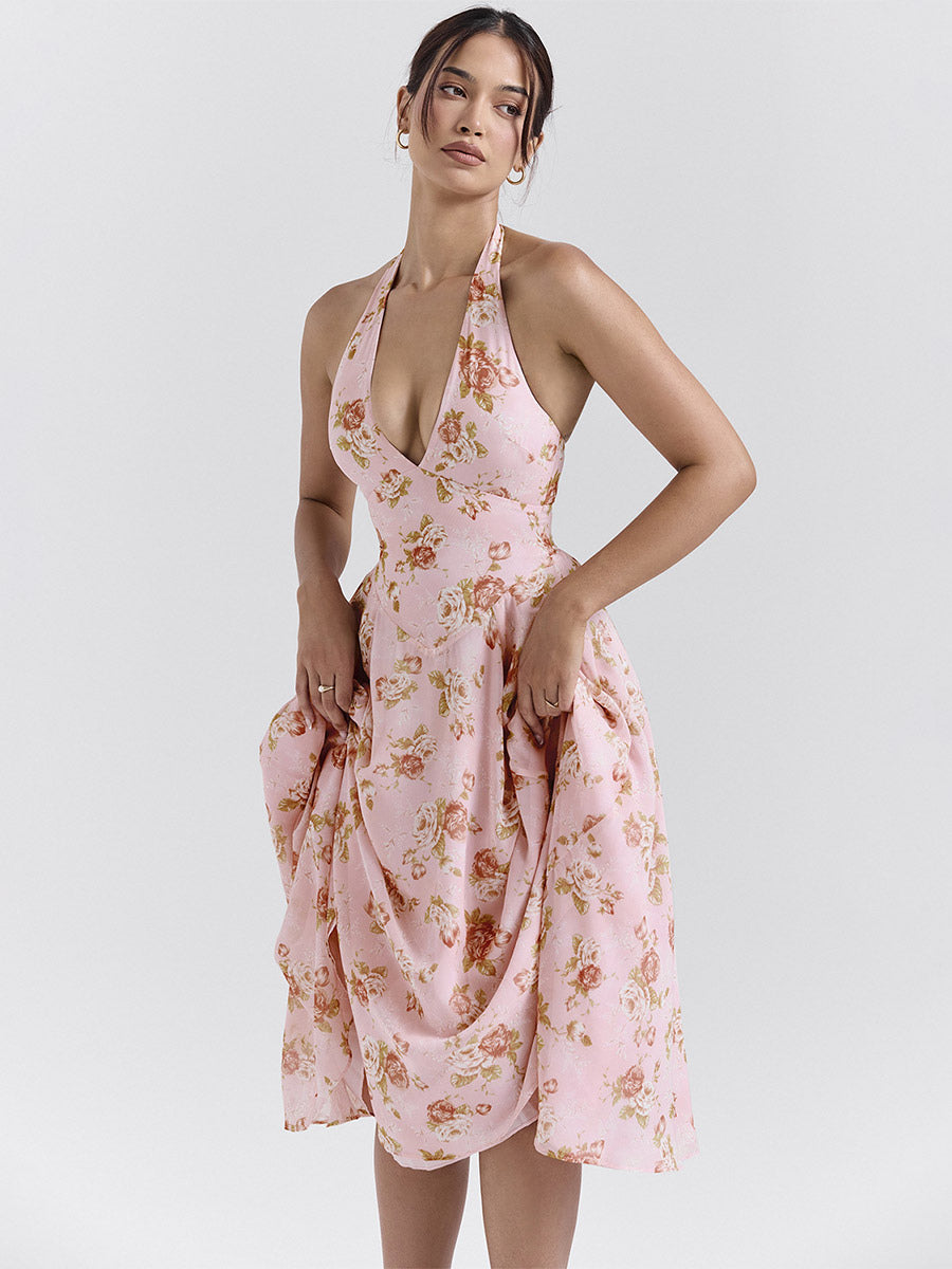 Vacation Dresses Maxi Backless Flowers Lace Up Sleeveless Floral Print Halter Sweet Pink Dress