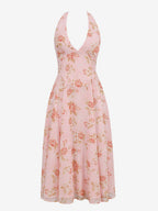 Vacation Dresses Maxi Backless Flowers Lace Up Sleeveless Floral Print Halter Sweet Pink Dress