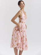 Vacation Dresses Maxi Backless Flowers Lace Up Sleeveless Floral Print Halter Sweet Pink Dress