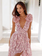 Vacation Dresses Maxi Ruffles Pleated Sleeveless Floral Print V-Neck Petal Sleeves Casual Orange Dresses