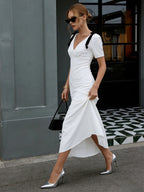 Date Night Dresses Maxi Bows Short Sleeves Two-Tone V-Neck Elegant White Dress