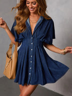 Daily Dresses Mini For Women Short Sleeves Turndown Collar Raised Waist Casual Deep Blue Dress