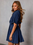 Daily Dresses Mini For Women Short Sleeves Turndown Collar Raised Waist Casual Deep Blue Dress